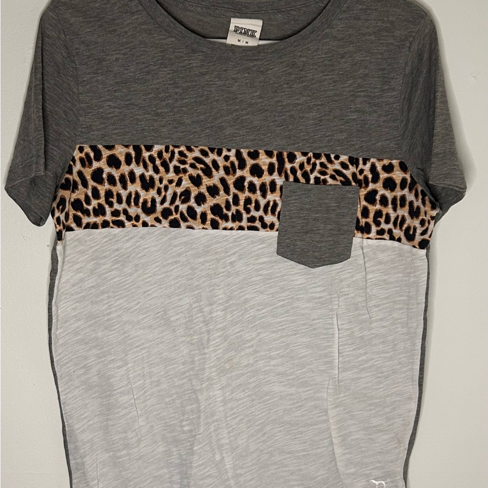 PINK Victoria's Secret Color-Block Gray and Leopard Short Sleeve Tee
